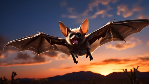 Pallid bat mid flight illuminated by twilight in the intricate saguaro desert, AI generated