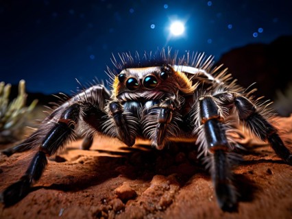 Tarantula hair textured in moonlight glow prowling through chihuahuan desert, AI generated