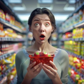 Woman has a shocked look on her face when looking at tomatoes in the supermarket, AI generated