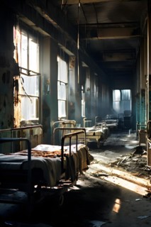 Rows of empty rusting hospital beds suspended in the melancholy, AI generated, hospital, damage,