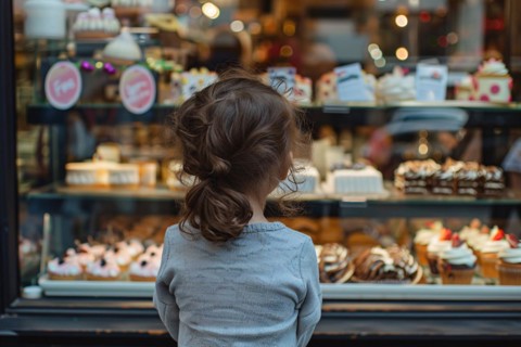Young girl child looking at various cakes through shopping window of pastry shop. KI generiert,