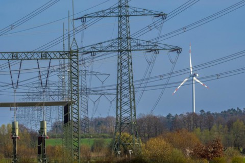 Stendal West substation with wind turbines in the background near Luederitz, Stendal,
