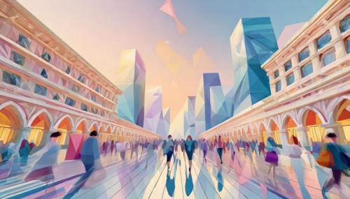 Modern and colorful take on a historical city square with lively pedestrian activity and