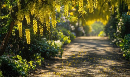 Laburnum flowers casting dappled shadows on a garden path AI generated