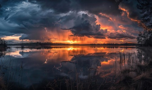 A dramatic stormy sky looming over the horizon, with dark clouds and flashes of lightning reflected