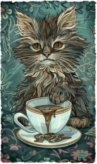 A cat is sitting on a table with a cup of coffee. The cat is looking at the camera and he is