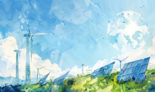 Watercolor illustration of Earth with wind turbines and solar panels, eco energy background AI