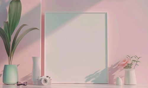 Flat background with blank poster mockup on pink wall AI generated