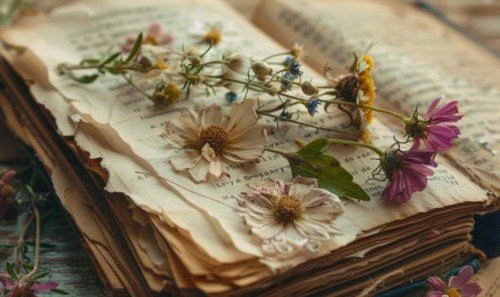 Close-up of wildflowers pressed between pages of an old book AI generated
