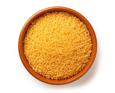 Golden Millet Grains of Couscous in a Brown Bowl, AI generated