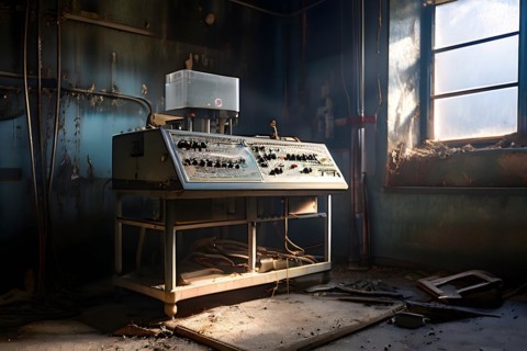 Abandoned x ray room in abandoned hospital, AI generated, hospital, damage, abandoned, ruin,