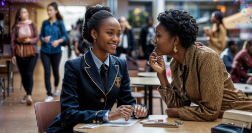 A woman in a school uniform having a focused discussion with a mentor, AI generated