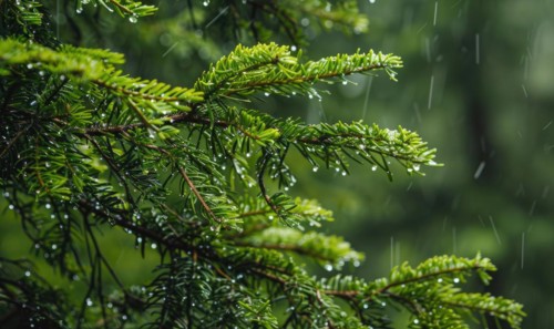 Closeup view on cedar branch in rain drops, bokeh background AI generated