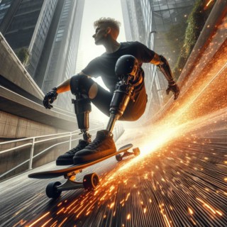 A skateboarder with cybernetic limbs riding with speed and sparks in an urban setting, AI generated