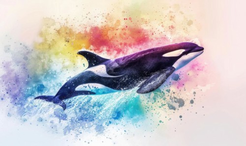 A watercolor depiction of an orca whale breaching the surface against a backdrop of vibrant ocean