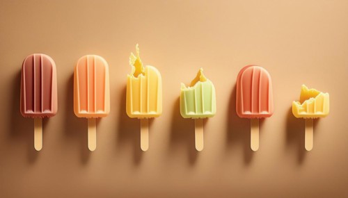 Soft pastel colored popsicles melting on a beige background, horizontal, AI generated