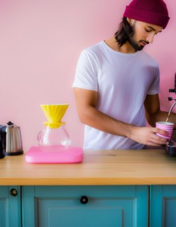 A focused man in a white tee using a vibrant pink coffee machine on a teal cabinet, Vertical aspect