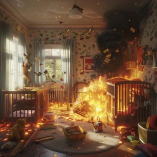 Fire surrounds a child's room, toys and furniture are affected, AI generated