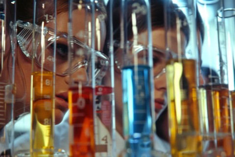 Pupils experimenting in a classroom with safety goggles, chemistry lessons, AI generated, AI