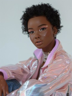 Relaxed portrait of a young woman in a holographic jacket with natural make-up, AI generated