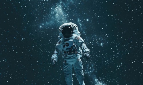 A monochrome image of an astronaut in space with a blue tint, symbolizing exploration AI generated