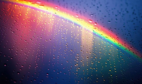 Colorful rainbow after spring rain, rainbow on dark cloudy sky AI generated