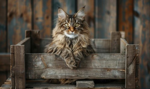 Maine Coon cat sitting proudly atop a rustic wooden crate AI generated