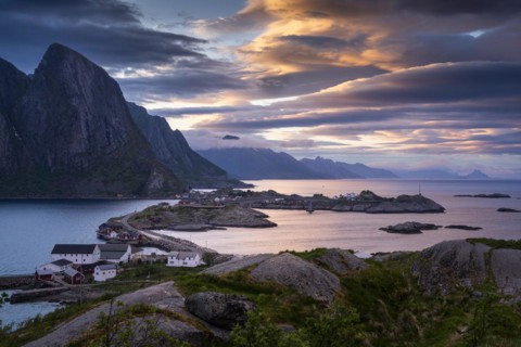 Landscape on the Lofoten Islands, view of Toppoya, Hamnoy and the sea, along Moskenesoya,
