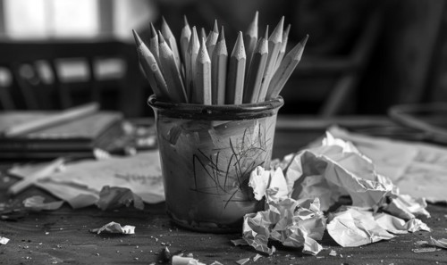 Graphite pencils arranged in a cup on a desk, surrounded by crumpled sheets of discarded white
