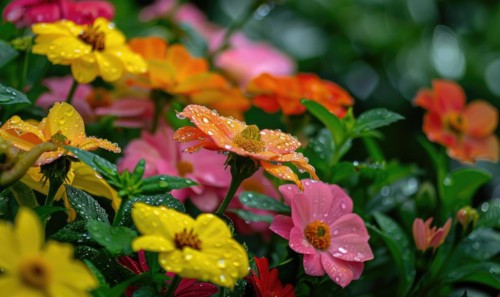 Raindrops clinging to the petals of colorful blooming flowers in a garden, closeup view AI