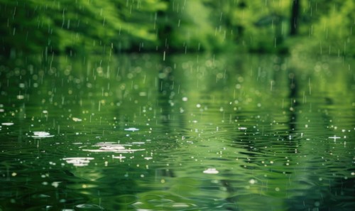 Springtime rain showers creating gentle ripples on the surface of the lake AI generated