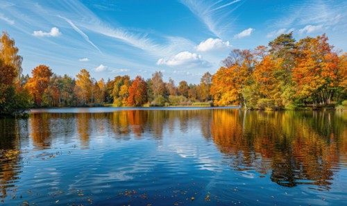 The lake adorned with colorful autumn foliage AI generated