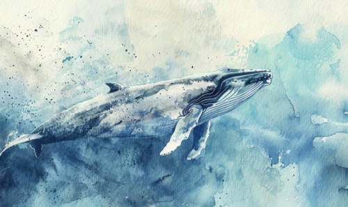 A peaceful watercolor painting of a whale diving into the depths of the ocean AI generated