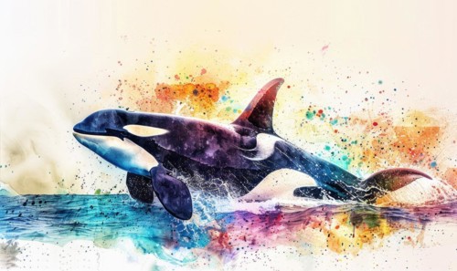 A watercolor depiction of an orca whale breaching the surface against a backdrop of vibrant ocean