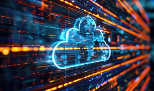 Cloud computing background with server racks and digital data streams AI generated