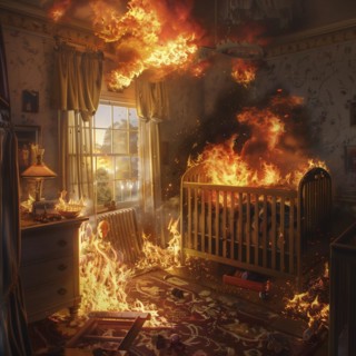 A fire breaks out in the children's room, creating a dramatic and disturbing image, AI generates,