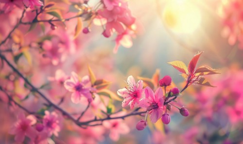 Blooming cherry blossom tree, closeup view, selective focus, bokeh AI generated