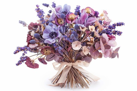 A captivating bouquet of mixed dried flowers, featuring vibrant hues of purple and blue,
