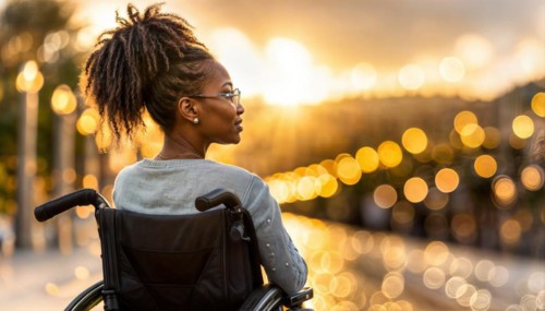 Solitary woman in a wheelchair immersed in thought during the city's enchanting golden hour, AI