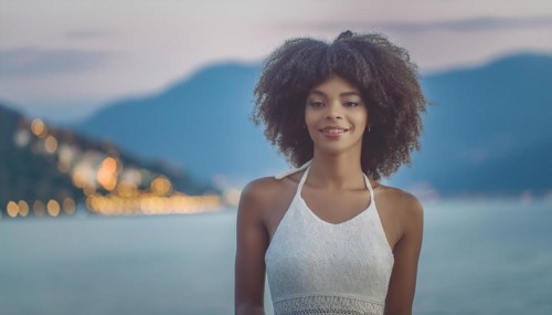 Smiling woman wearing a summer dress by the waterfront at sunset, radiating serenity, blurry moody