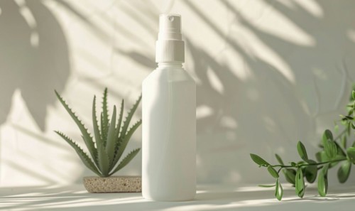 A blank spray bottle mockup containing aloe vera mist, nature cosmetic AI generated