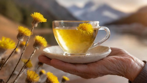 A clear teacup filled with coltsfoot blossom tea on a plate, surrounded by nature and mountains,