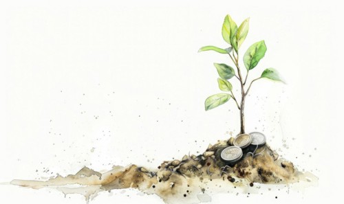Tree sprout with coins growing from its buds, watercolor illustration on white background AI