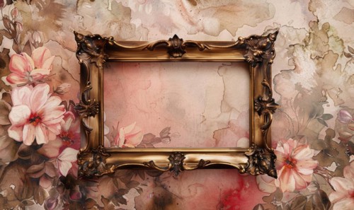 A gold frame with pink flowers on the wall. Abstract background with frame and space for text AI