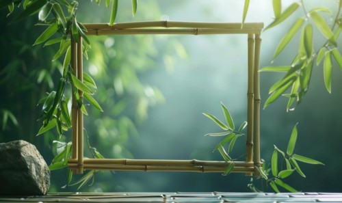Delicate bamboo frame on minimalistic natural material, space remember AI generated