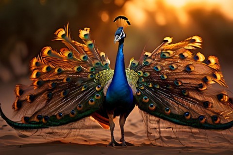 Peacock with the full display of magnificent plumage usp in each feather in the Thar desert, AI
