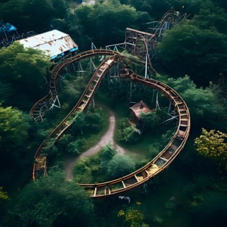 Aerial view of a bandoned amusement park overgrown with vegetation and rusting roller coasters, AI