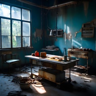 Deserted operating theater rusting surgical tools scattered on a surgical table, AI generated,