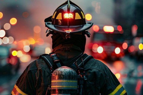 Back view of firefighter with helmet. KI generiert, generiert, AI generated