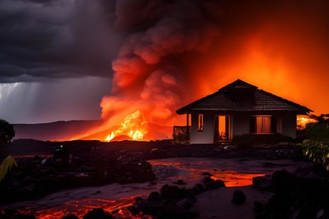Single home standing resolute as an unstoppable lava flow looms close moments before engulfment, AI